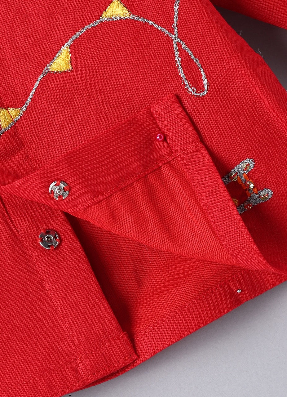 Jamana Boy Red With Parachute/Aeroplane Embroidery Front Open Top With Dhoti Set