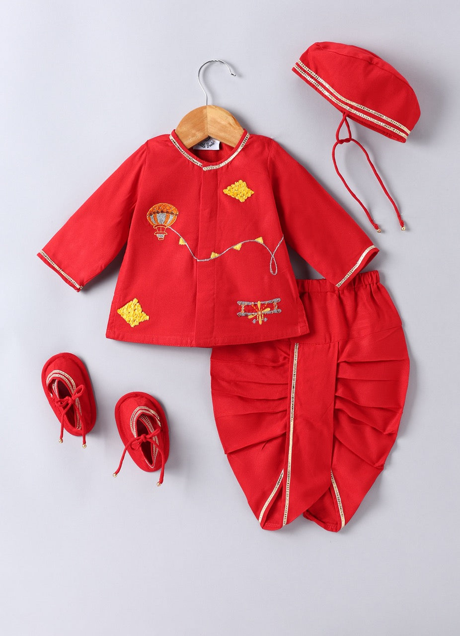 Jamana Boy Red With Parachute/Aeroplane Embroidery Front Open Top With Dhoti Set
