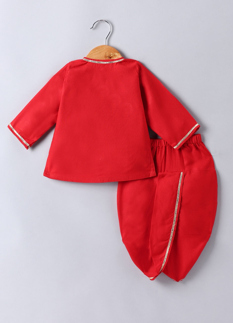 Jamana Boy Red With Parachute/Aeroplane Embroidery Front Open Top With Dhoti Set