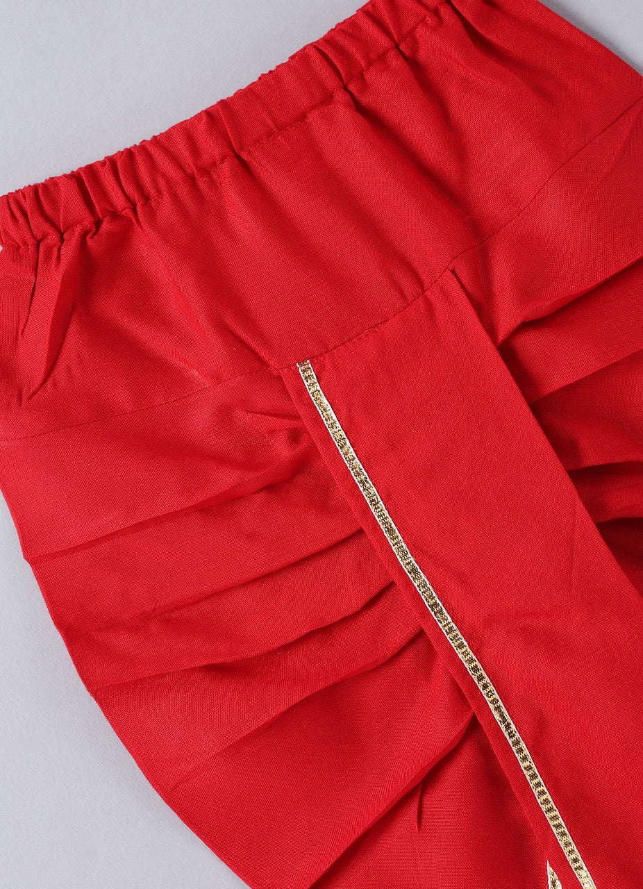 Jamana Boy Red With Parachute/Aeroplane Embroidery Front Open Top With Dhoti Set