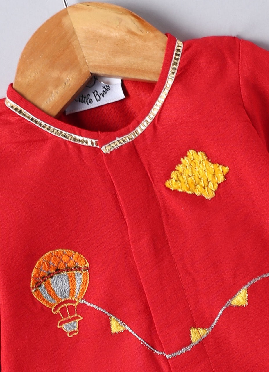Jamana Boy Red With Parachute/Aeroplane Embroidery Front Open Top With Dhoti Set
