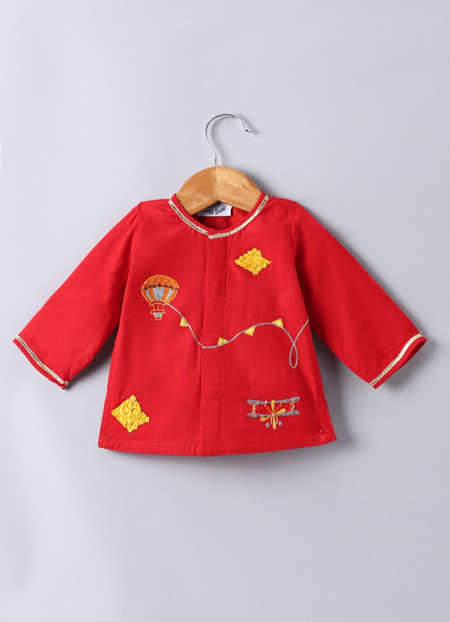 Jamana Boy Red With Parachute/Aeroplane Embroidery Front Open Top With Dhoti Set