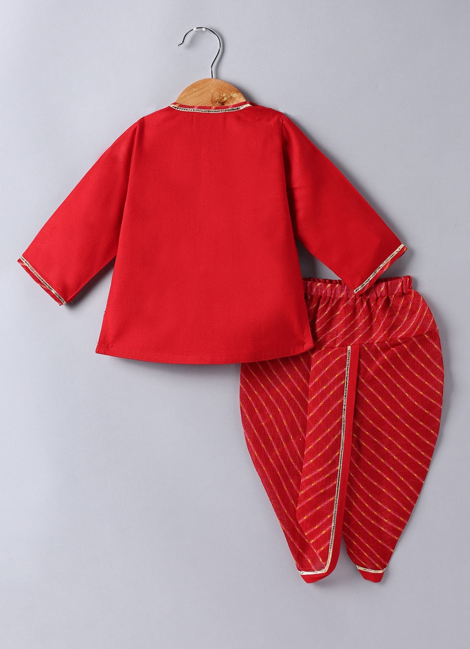 Jamana Boy Red With Carnival Embroidery Front Open Top Assymetrical Top With Lehariya Dhoti Set