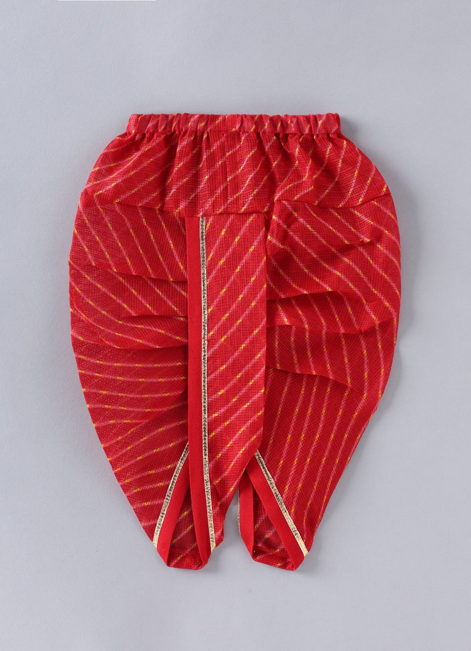 Jamana Boy Red With Carnival Embroidery Front Open Top Assymetrical Top With Lehariya Dhoti Set