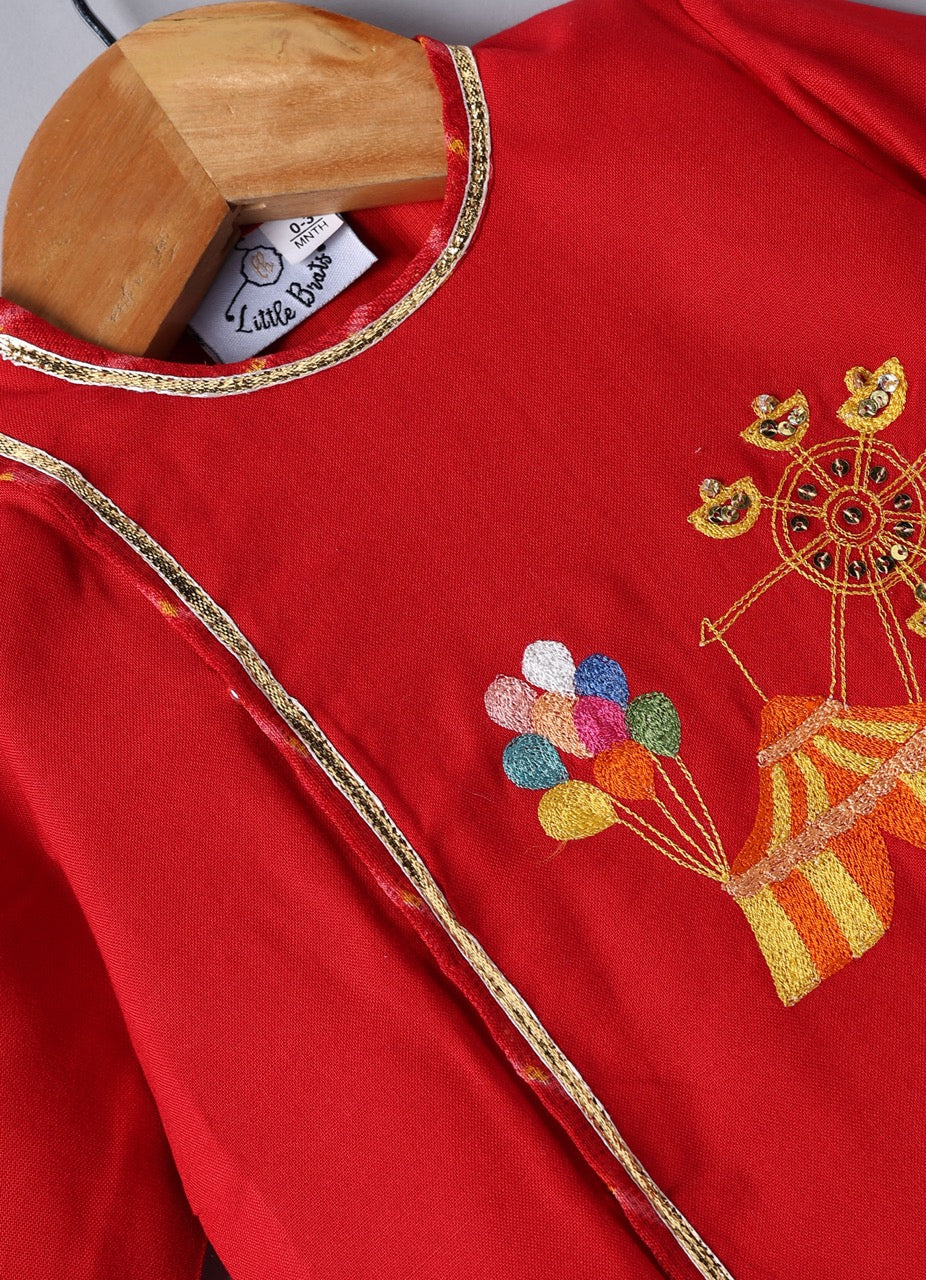 Jamana Boy Red With Carnival Embroidery Front Open Top Assymetrical Top With Lehariya Dhoti Set