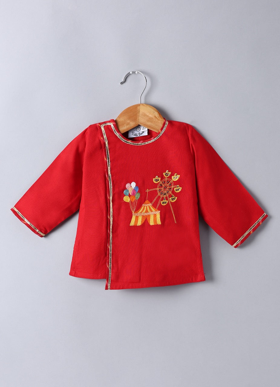 Jamana Boy Red With Carnival Embroidery Front Open Top Assymetrical Top With Lehariya Dhoti Set