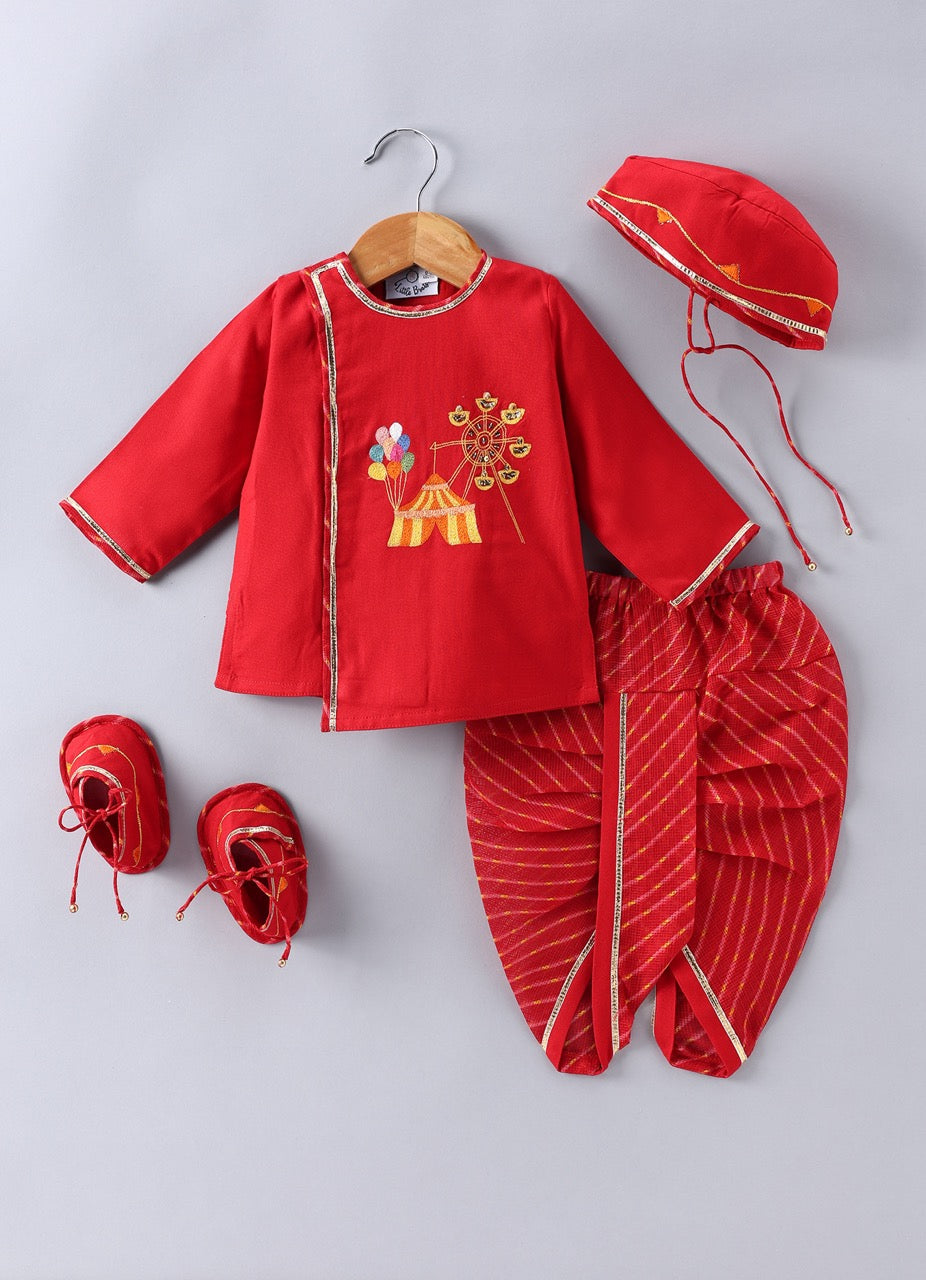 Jamana Boy Red With Carnival Embroidery Front Open Top Assymetrical Top With Lehariya Dhoti Set
