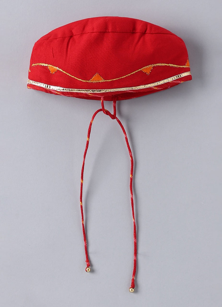 Jamana Boy Red With Carnival Embroidery Front Open Top Assymetrical Top With Lehariya Dhoti Set
