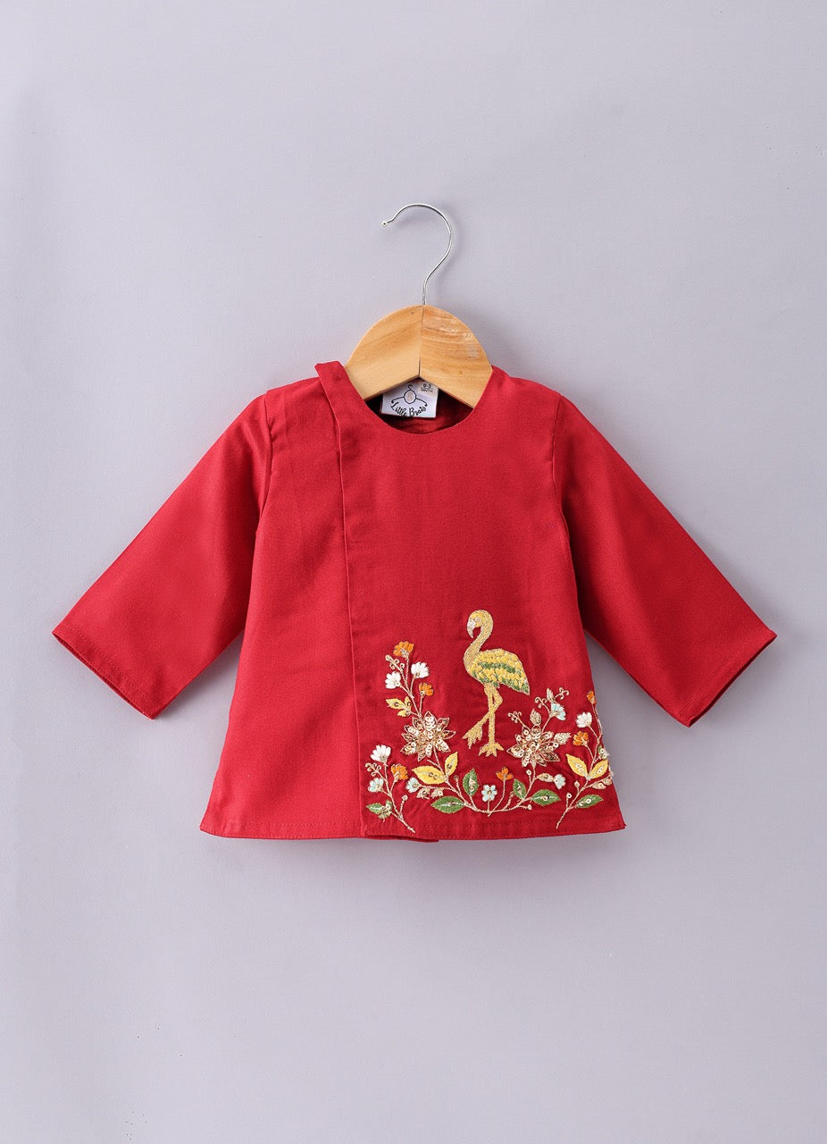 Jamana Boy Red With Crane And Flower Embroidery Front Side Open Kurta With Dhoti Pant Set