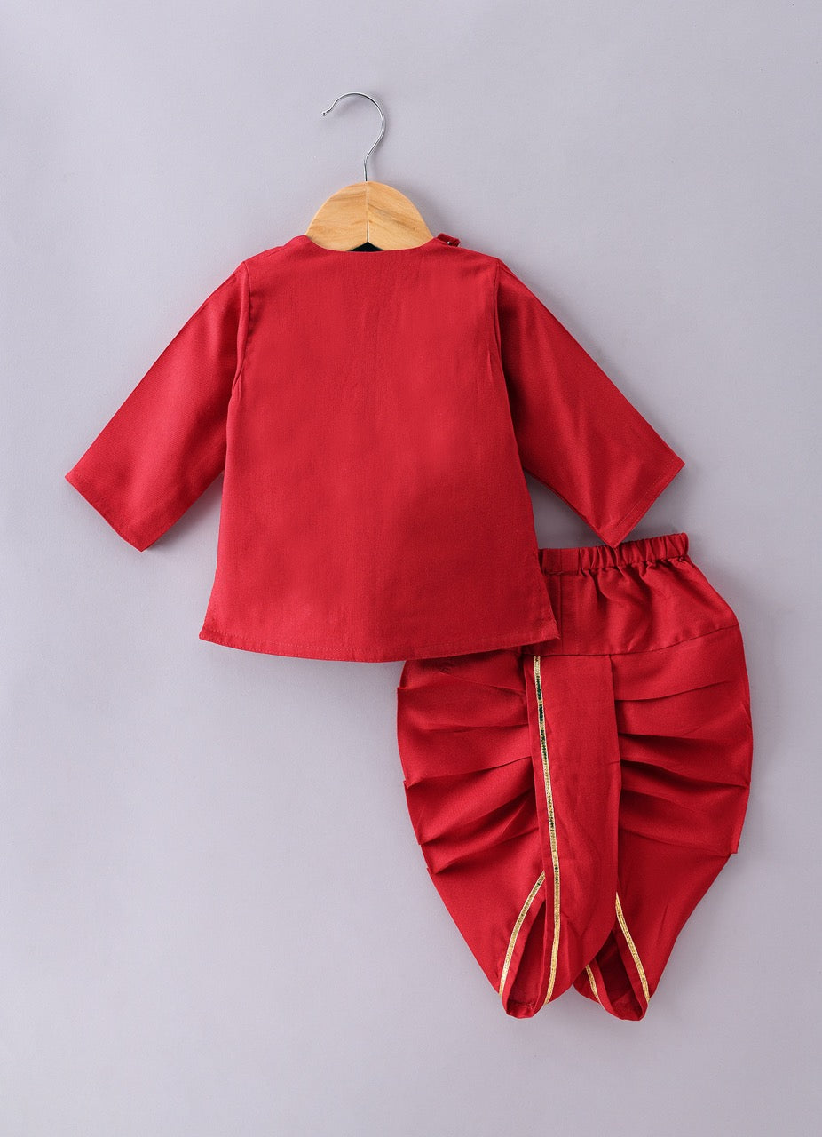 Jamana Boy Red With Crane And Flower Embroidery Front Side Open Kurta With Dhoti Pant Set