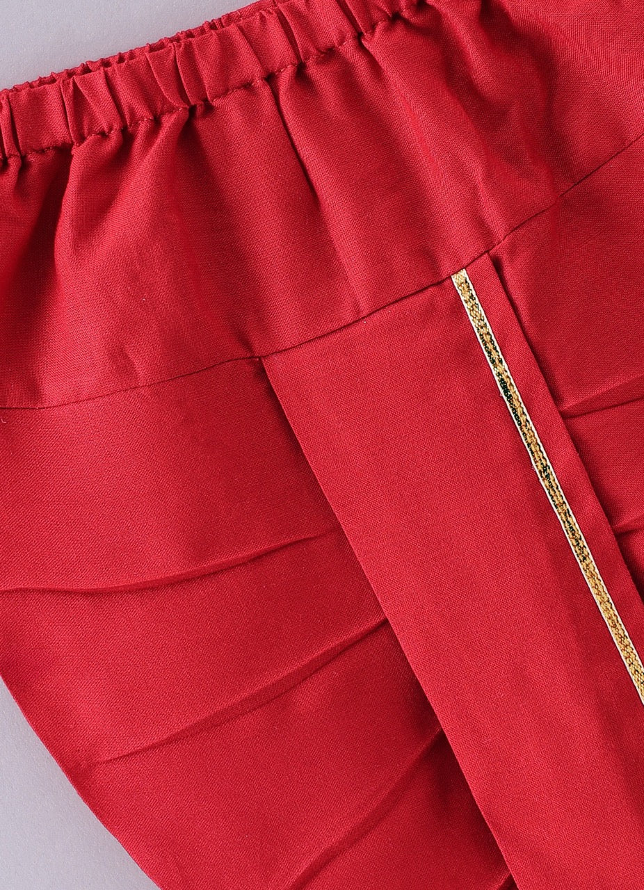 Jamana Boy Red With Crane And Flower Embroidery Front Side Open Kurta With Dhoti Pant Set