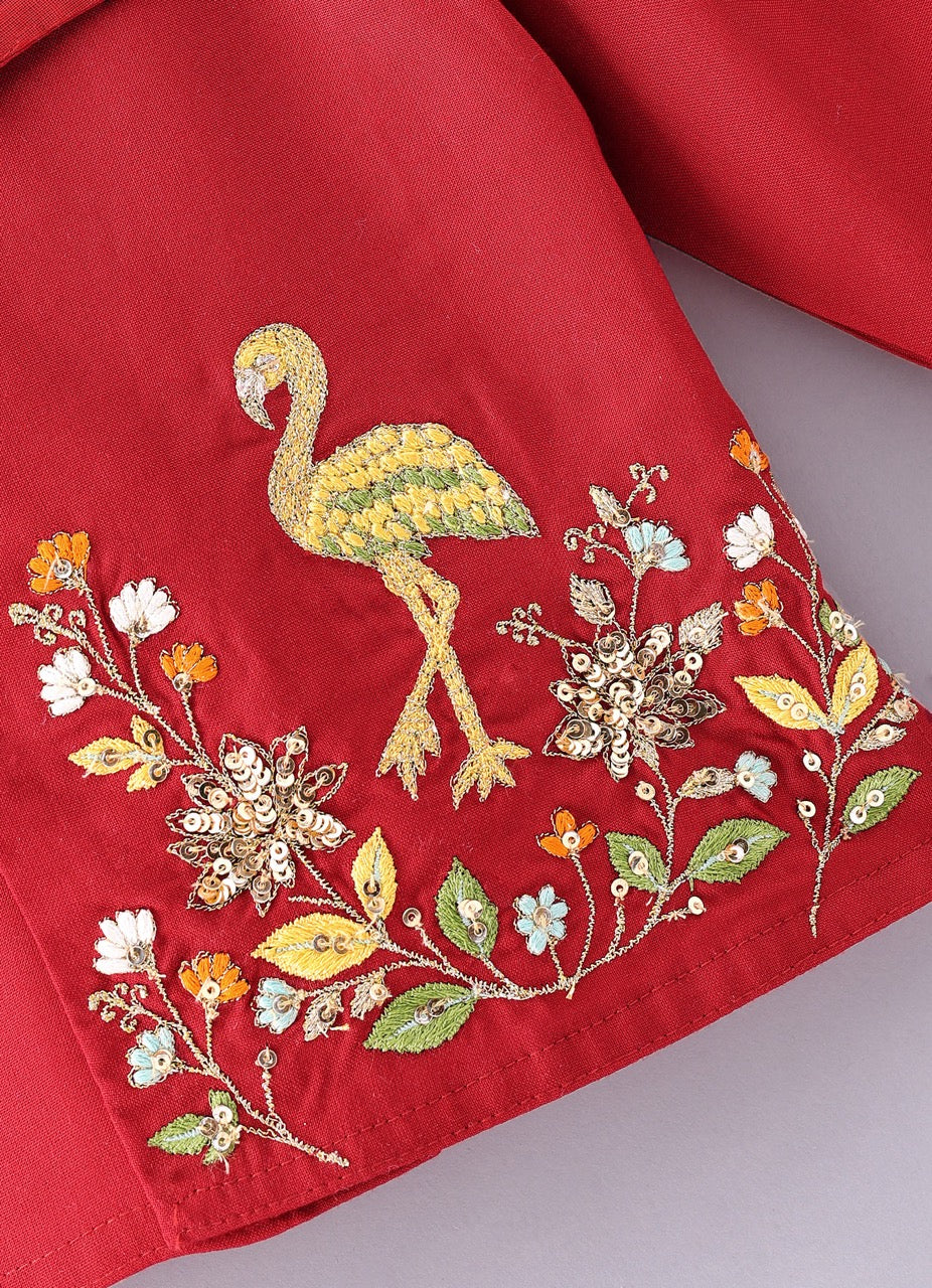 Jamana Boy Red With Crane And Flower Embroidery Front Side Open Kurta With Dhoti Pant Set