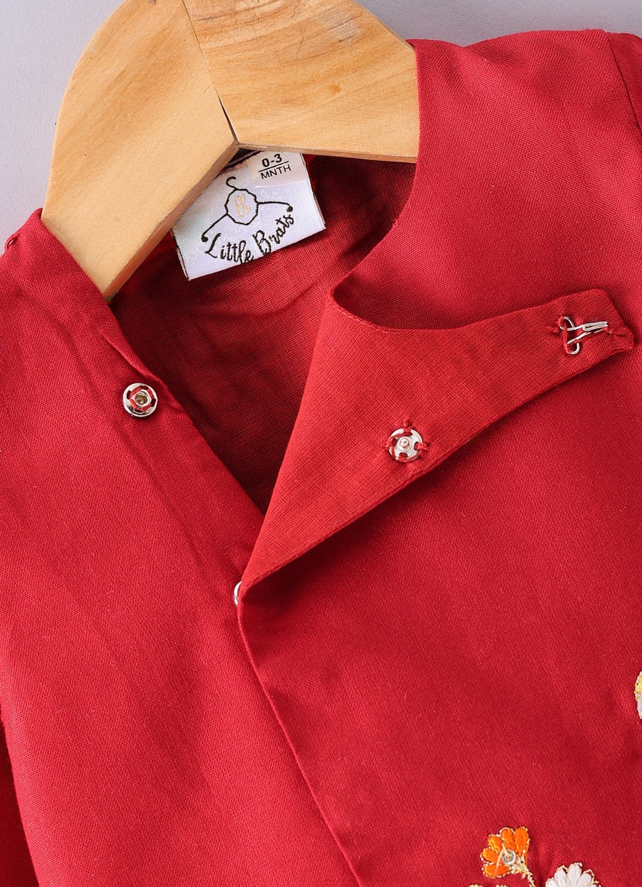 Jamana Boy Red With Crane And Flower Embroidery Front Side Open Kurta With Dhoti Pant Set