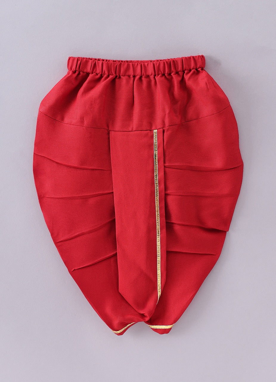Jamana Boy Red With Crane And Flower Embroidery Front Side Open Kurta With Dhoti Pant Set