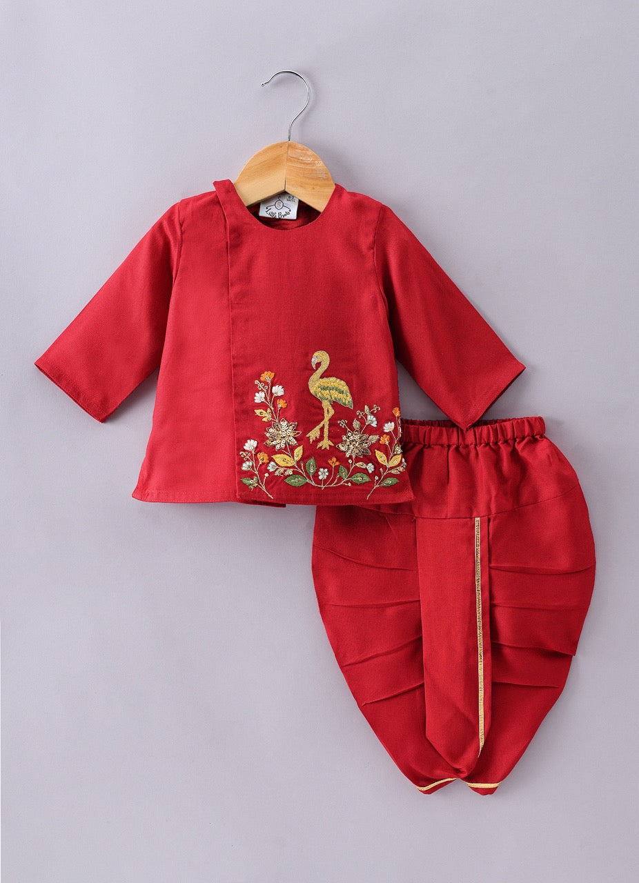 Jamana Boy Red With Crane And Flower Embroidery Front Side Open Kurta With Dhoti Pant Set