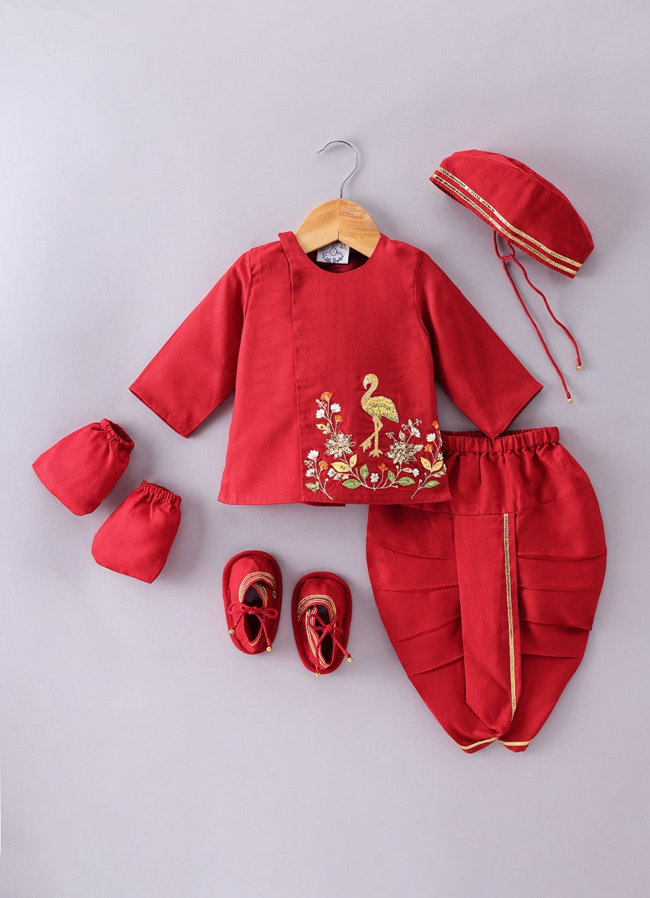 Jamana Boy Red With Crane And Flower Embroidery Front Side Open Kurta With Dhoti Pant Set