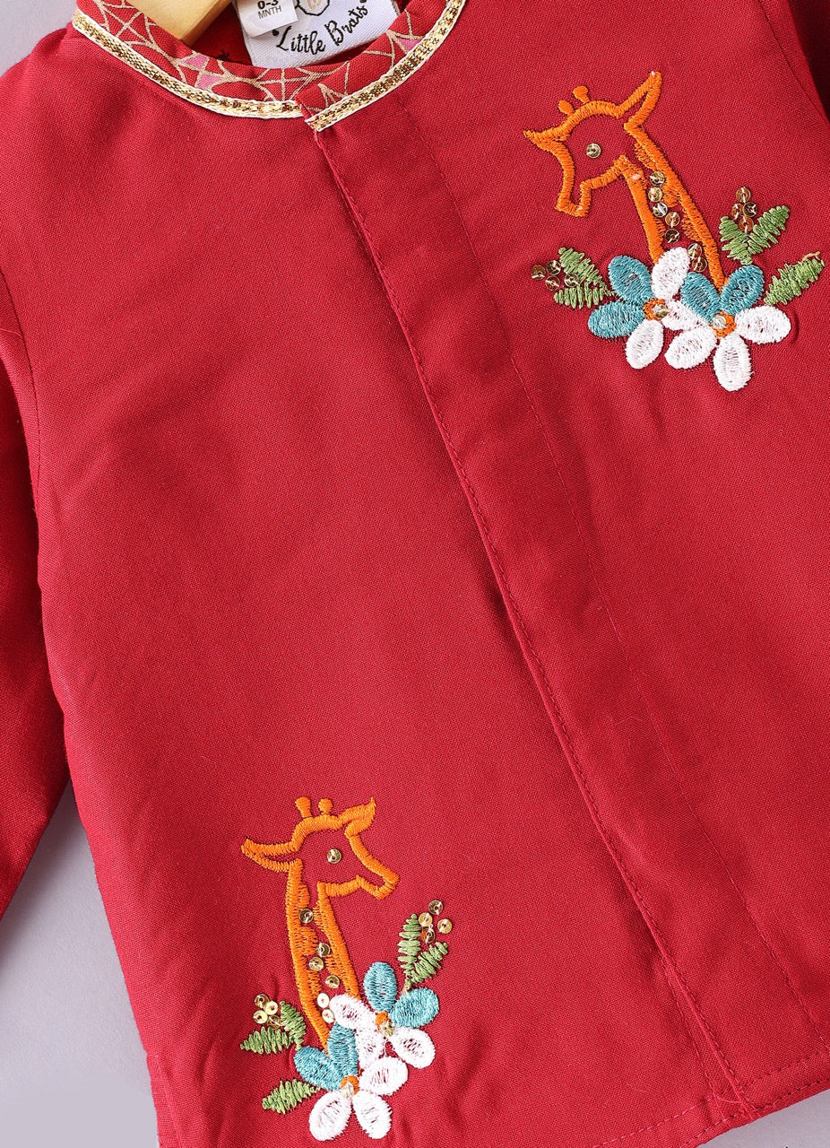 Jamana Boy Red With Giraffe And Flower Embroidery In Front Open Kurta With Dhoti Pant Set