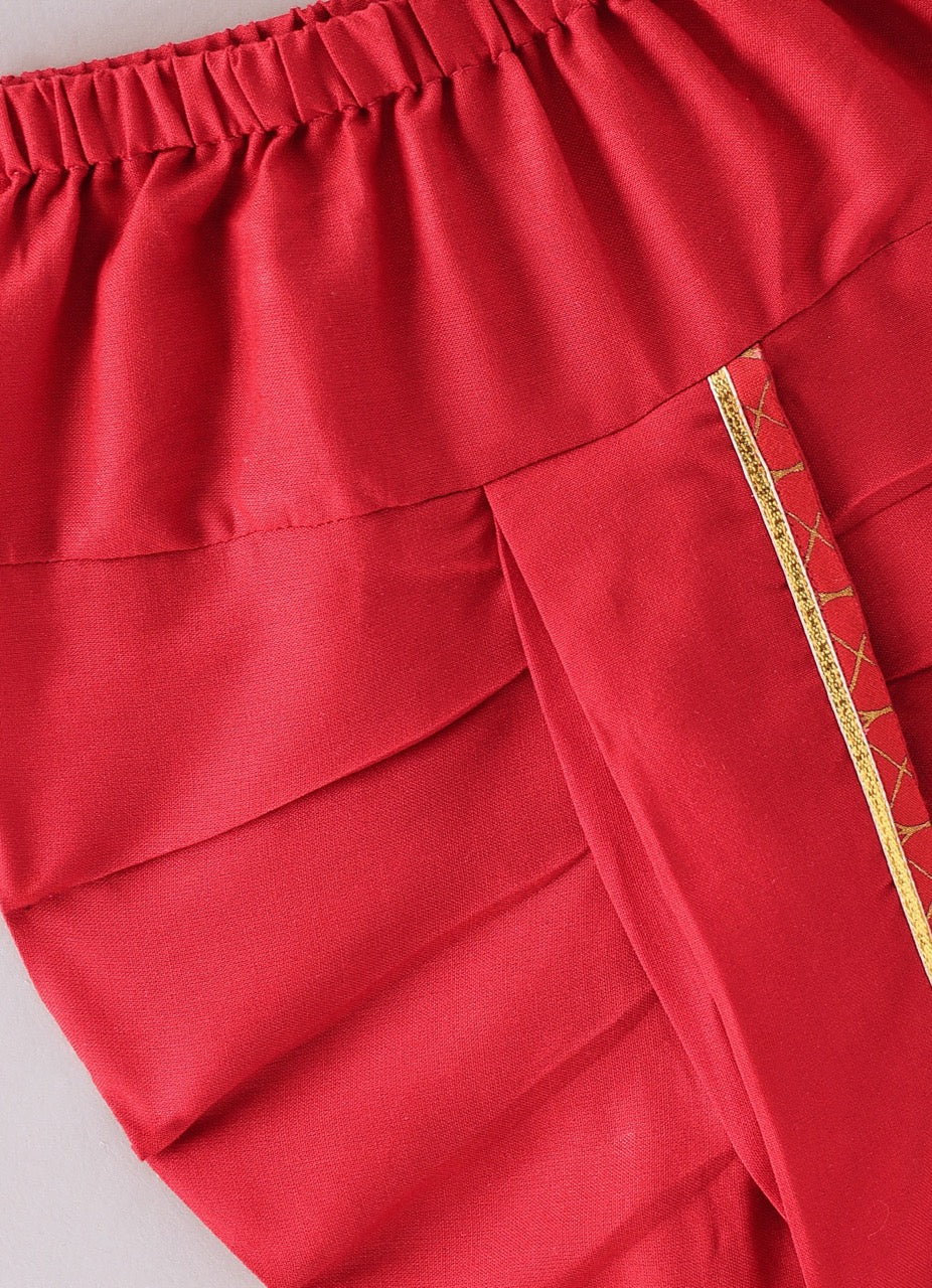 Jamana Boy Red With Giraffe And Flower Embroidery In Front Open Kurta With Dhoti Pant Set