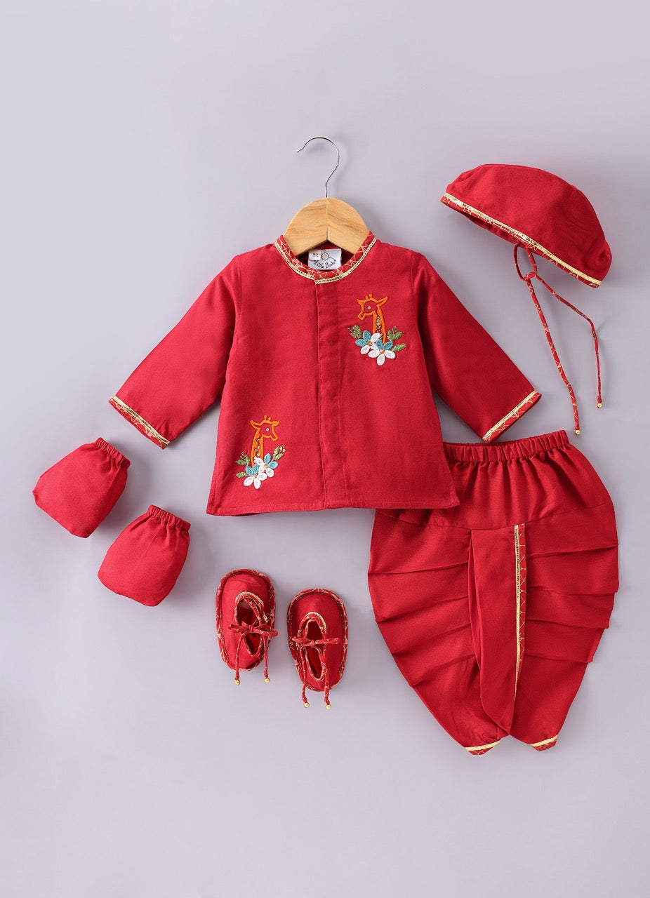 Jamana Boy Red With Giraffe And Flower Embroidery In Front Open Kurta With Dhoti Pant Set