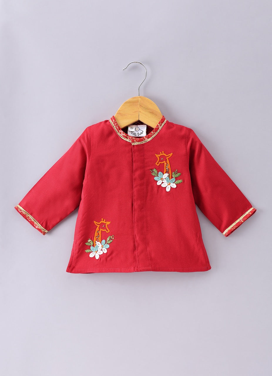 Jamana Boy Red With Giraffe And Flower Embroidery In Front Open Kurta With Dhoti Pant Set