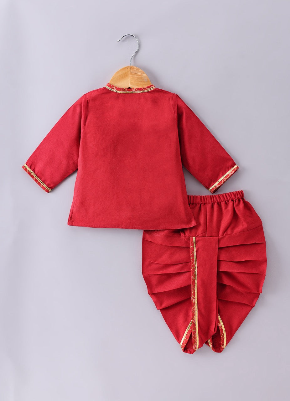 Jamana Boy Red With Giraffe And Flower Embroidery In Front Open Kurta With Dhoti Pant Set