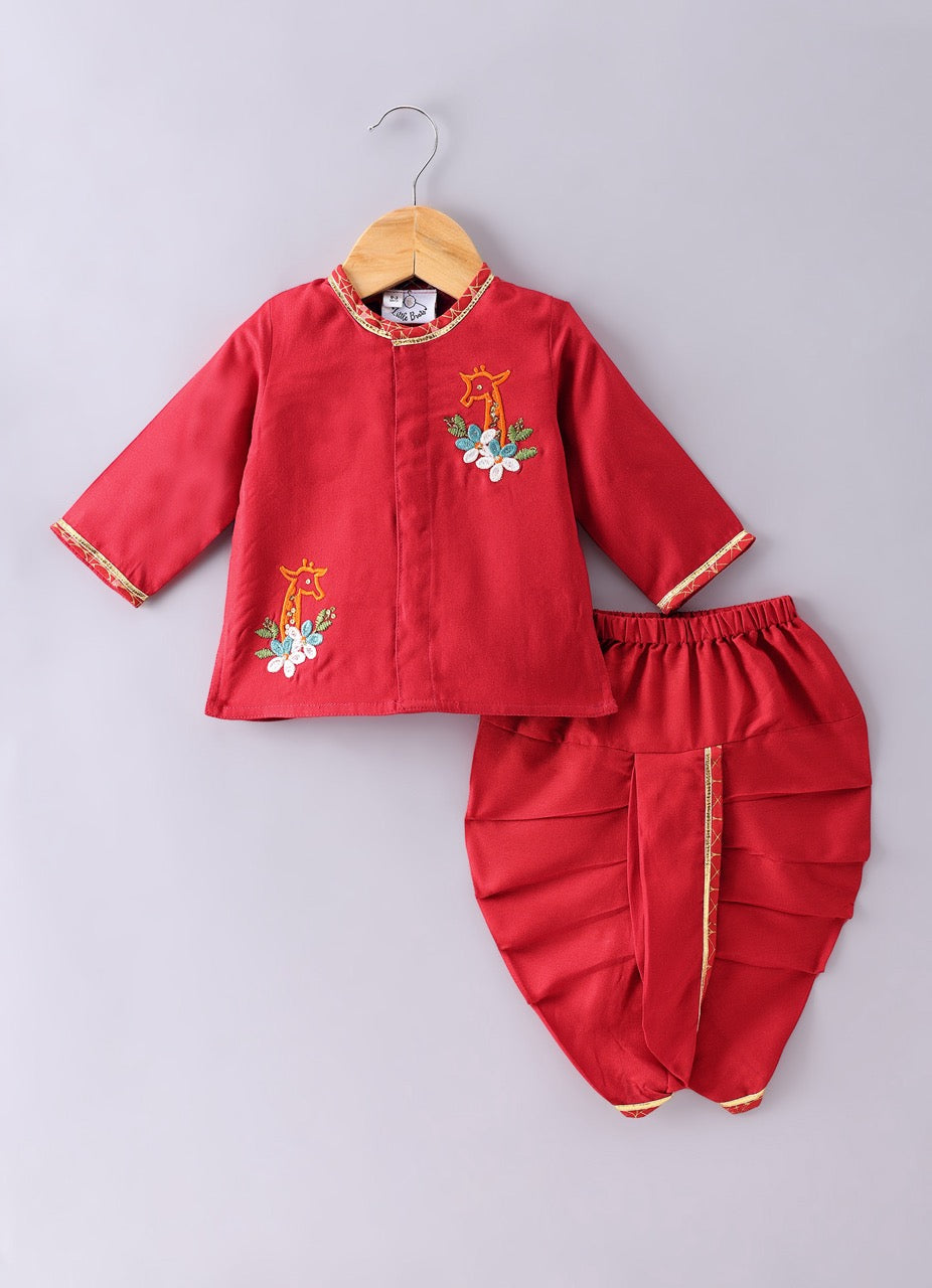 Jamana Boy Red With Giraffe And Flower Embroidery In Front Open Kurta With Dhoti Pant Set