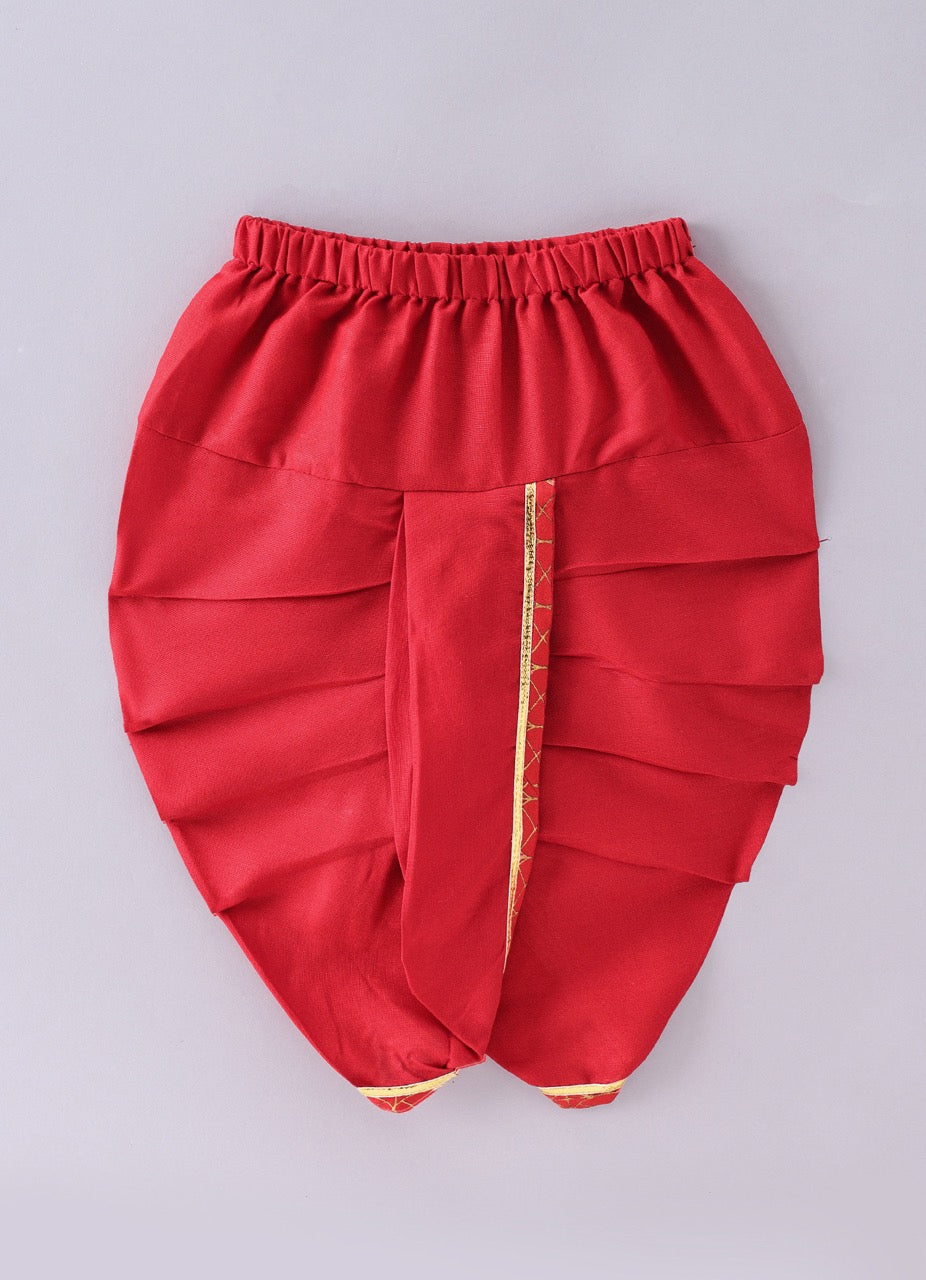 Jamana Boy Red With Giraffe And Flower Embroidery In Front Open Kurta With Dhoti Pant Set