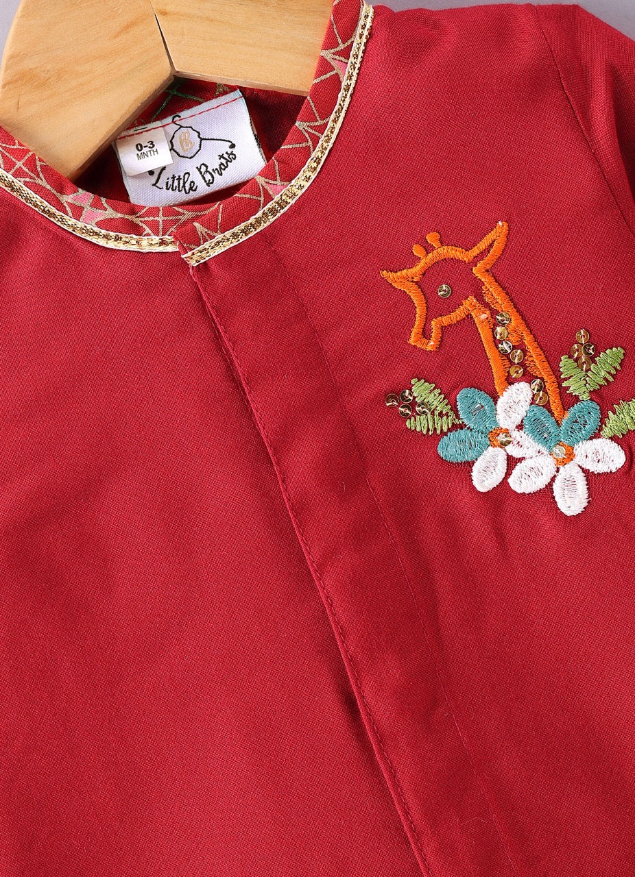 Jamana Boy Red With Giraffe And Flower Embroidery In Front Open Kurta With Dhoti Pant Set
