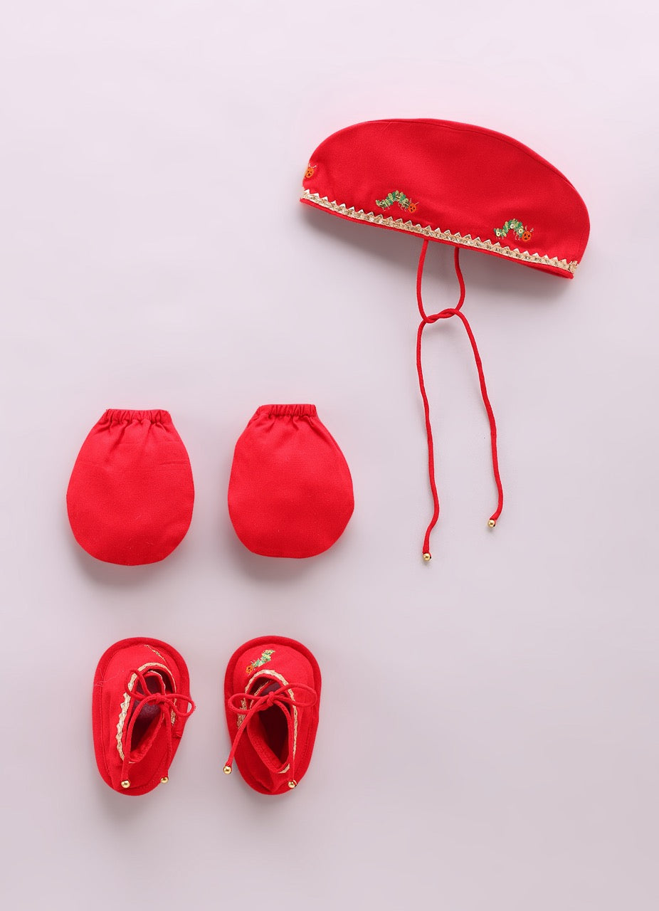 Jamana Boy Red With Caterpillar Embroidery In Front Open Kurta With Dhoti Set