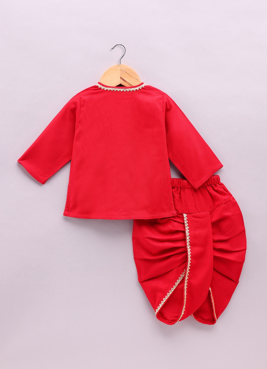 Jamana Boy Red With Caterpillar Embroidery In Front Open Kurta With Dhoti Set