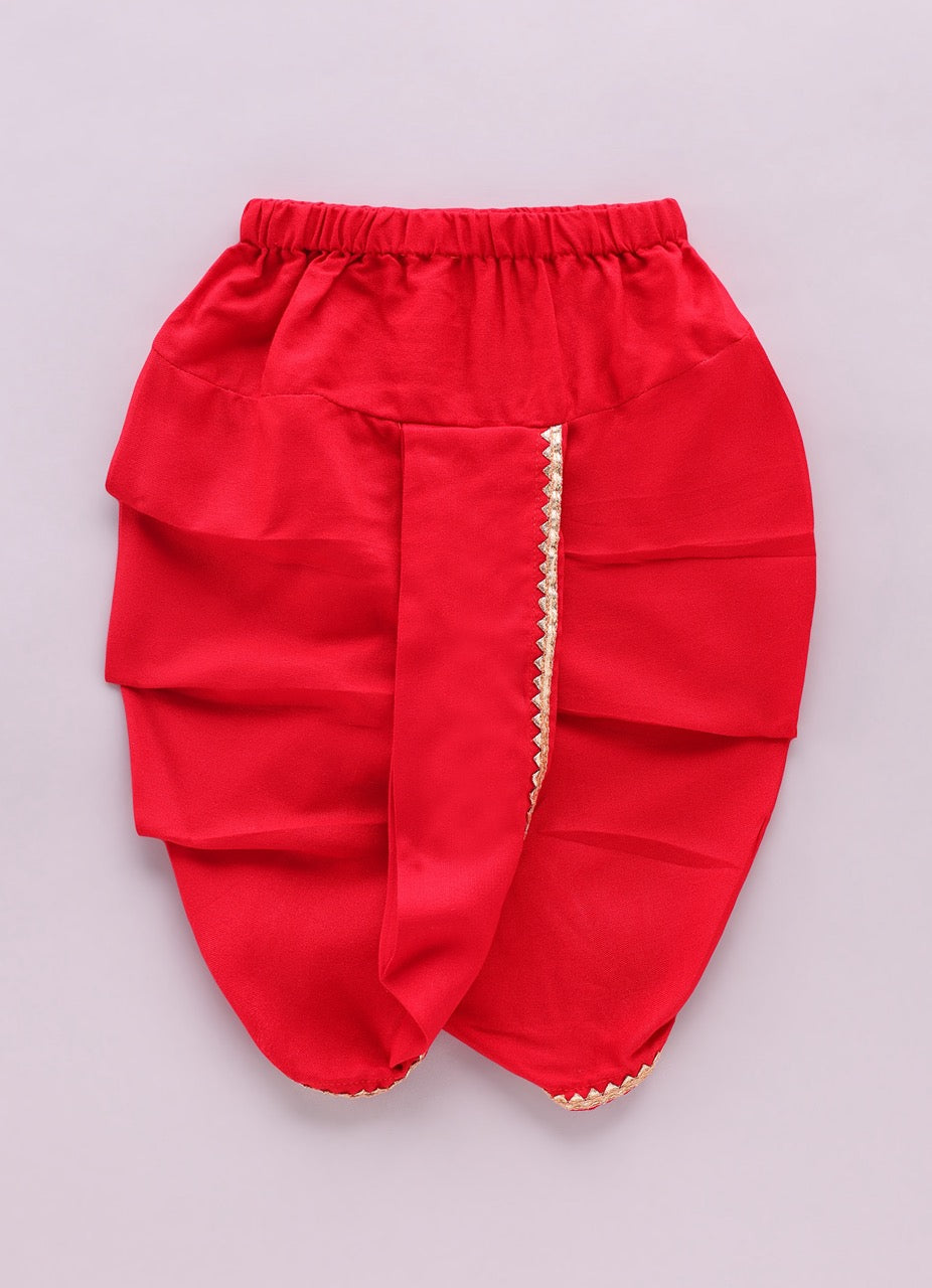 Jamana Boy Red With Caterpillar Embroidery In Front Open Kurta With Dhoti Set