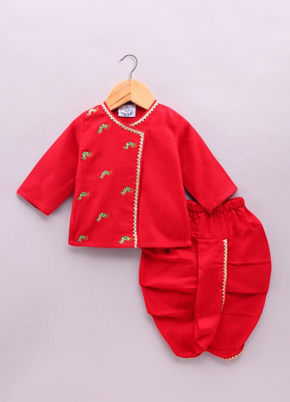 Jamana Boy Red With Caterpillar Embroidery In Front Open Kurta With Dhoti Set