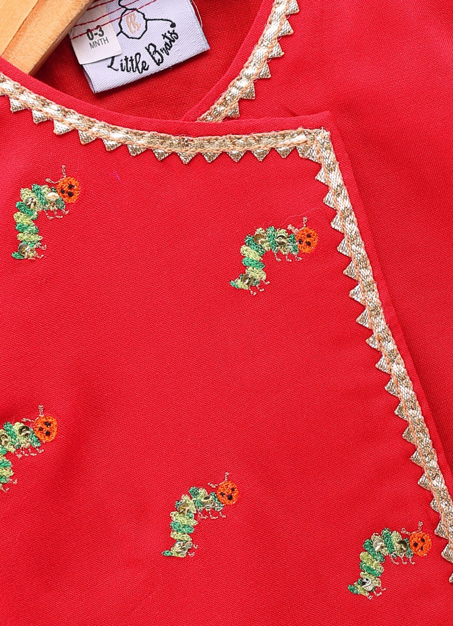 Jamana Boy Red With Caterpillar Embroidery In Front Open Kurta With Dhoti Set