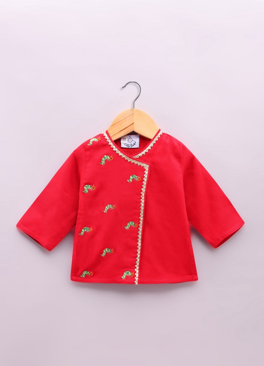 Jamana Boy Red With Caterpillar Embroidery In Front Open Kurta With Dhoti Set