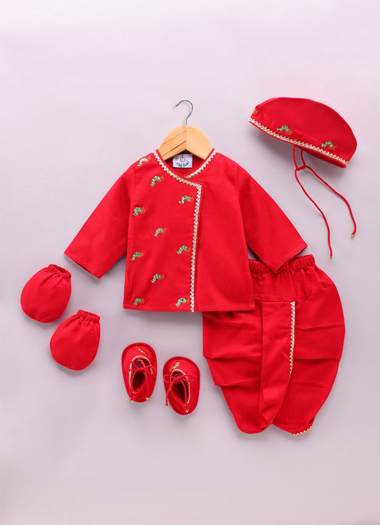 Jamana Boy Red With Caterpillar Embroidery In Front Open Kurta With Dhoti Set