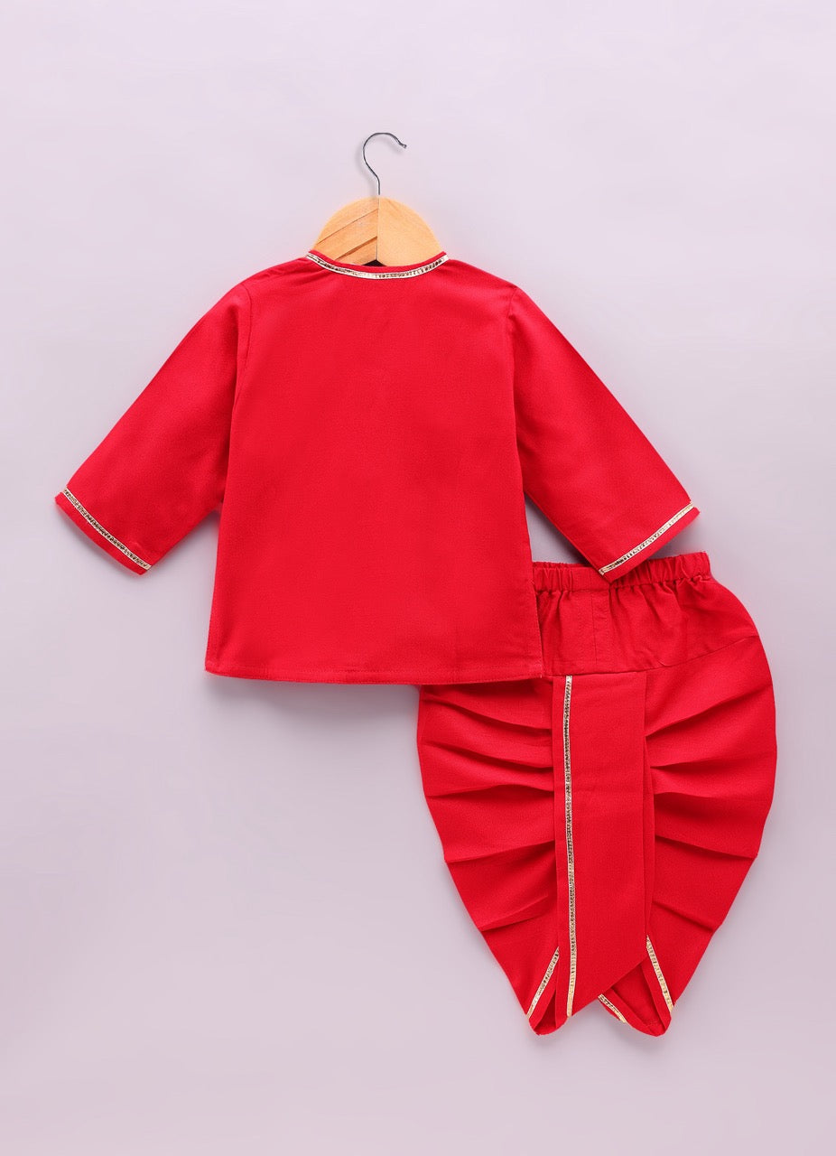 Jamana Boy Red With Car Embroidery On Both Side Of Front Open Kurta With Dhoti Pant Set