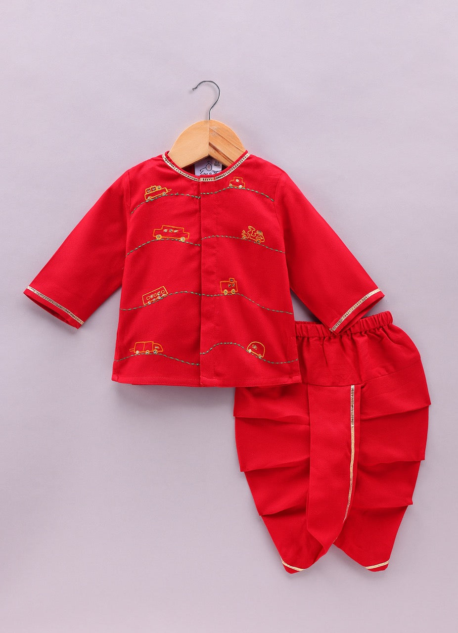 Jamana Boy Red With Car Embroidery On Both Side Of Front Open Kurta With Dhoti Pant Set