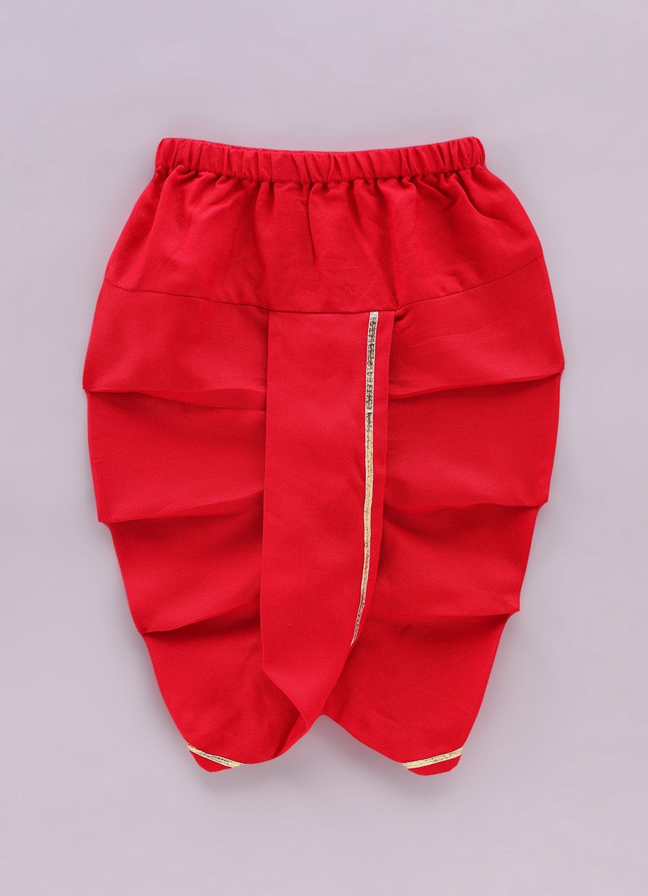 Jamana Boy Red With Car Embroidery On Both Side Of Front Open Kurta With Dhoti Pant Set