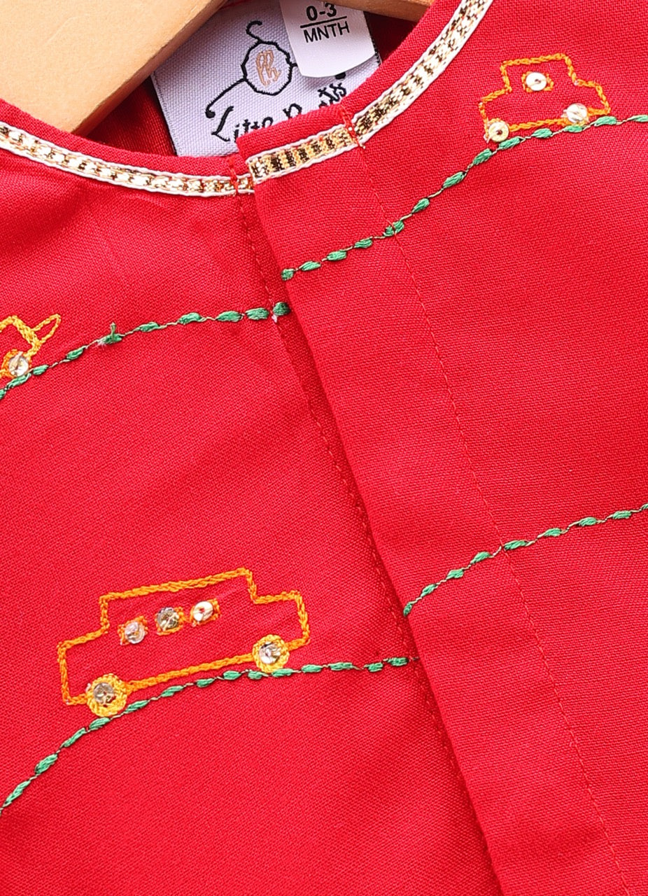 Jamana Boy Red With Car Embroidery On Both Side Of Front Open Kurta With Dhoti Pant Set
