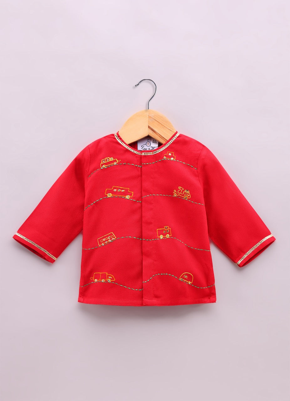 Jamana Boy Red With Car Embroidery On Both Side Of Front Open Kurta With Dhoti Pant Set