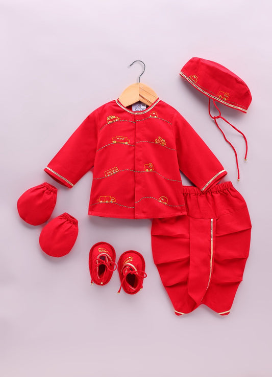 Jamana Boy Red With Car Embroidery On Both Side Of Front Open Kurta With Dhoti Pant Set