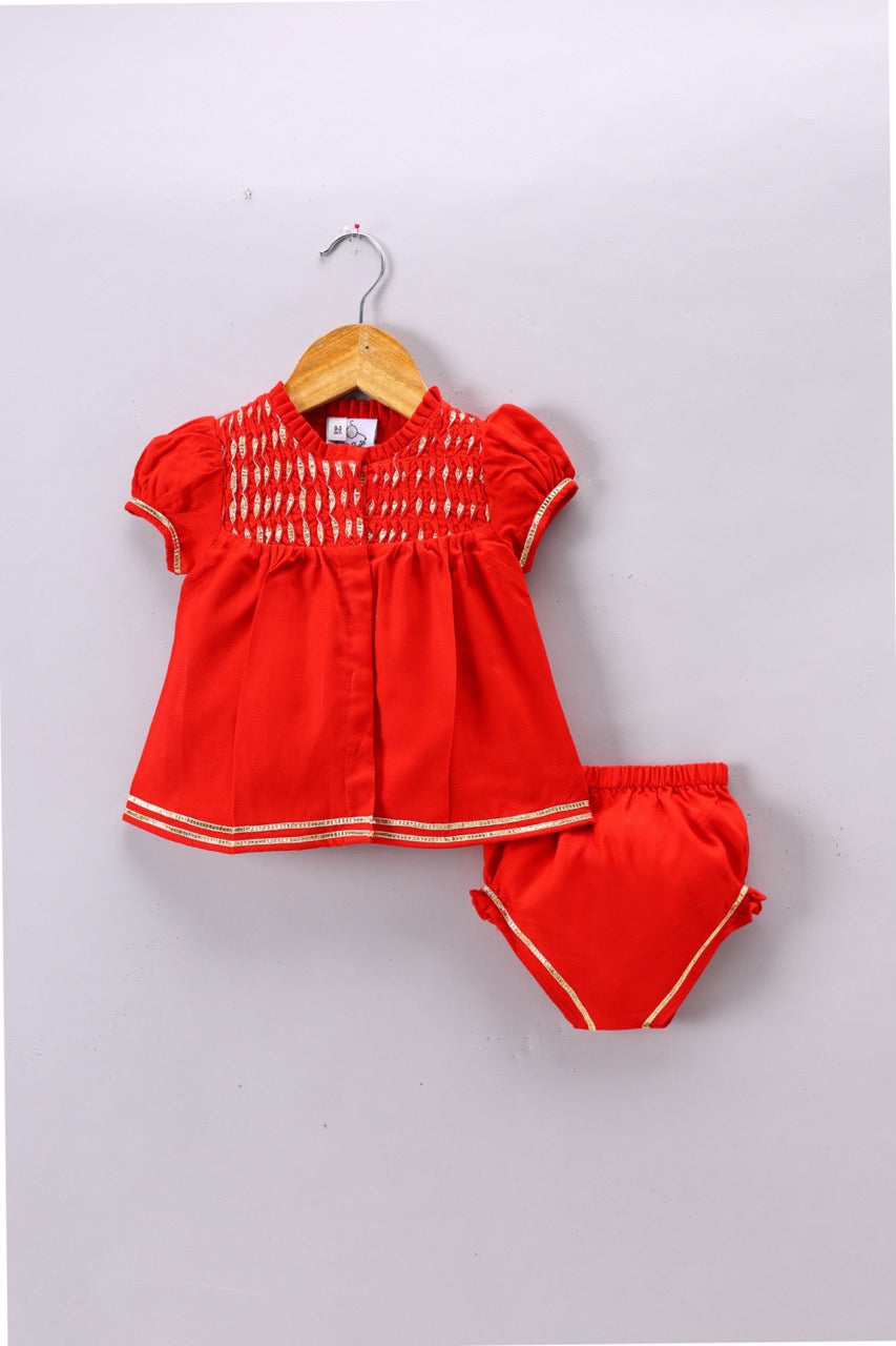 Jamana Girl Red Flocking With Gota With Pant Set