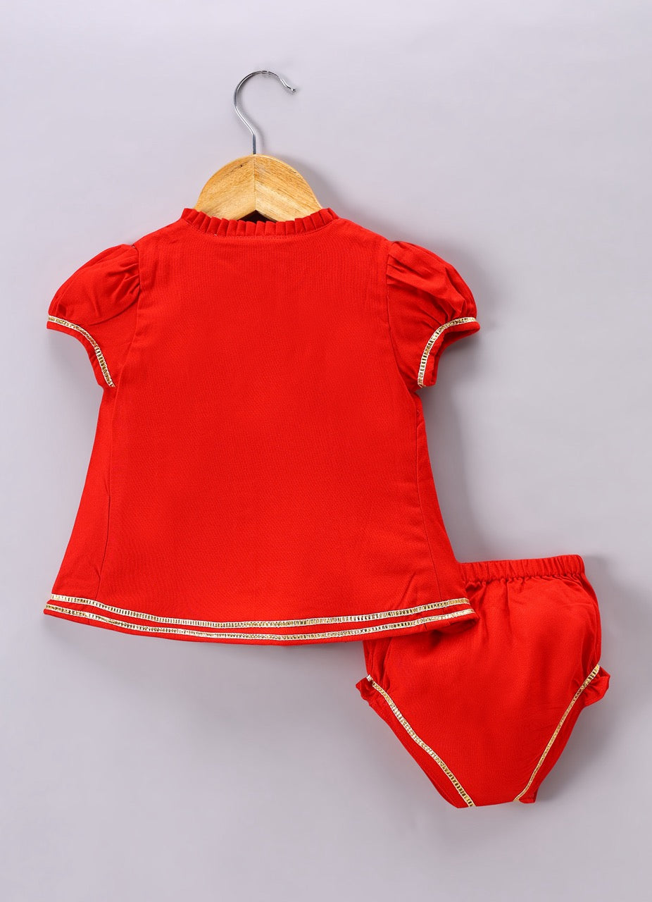 Jamana Girl Red Flocking With Gota With Pant Set