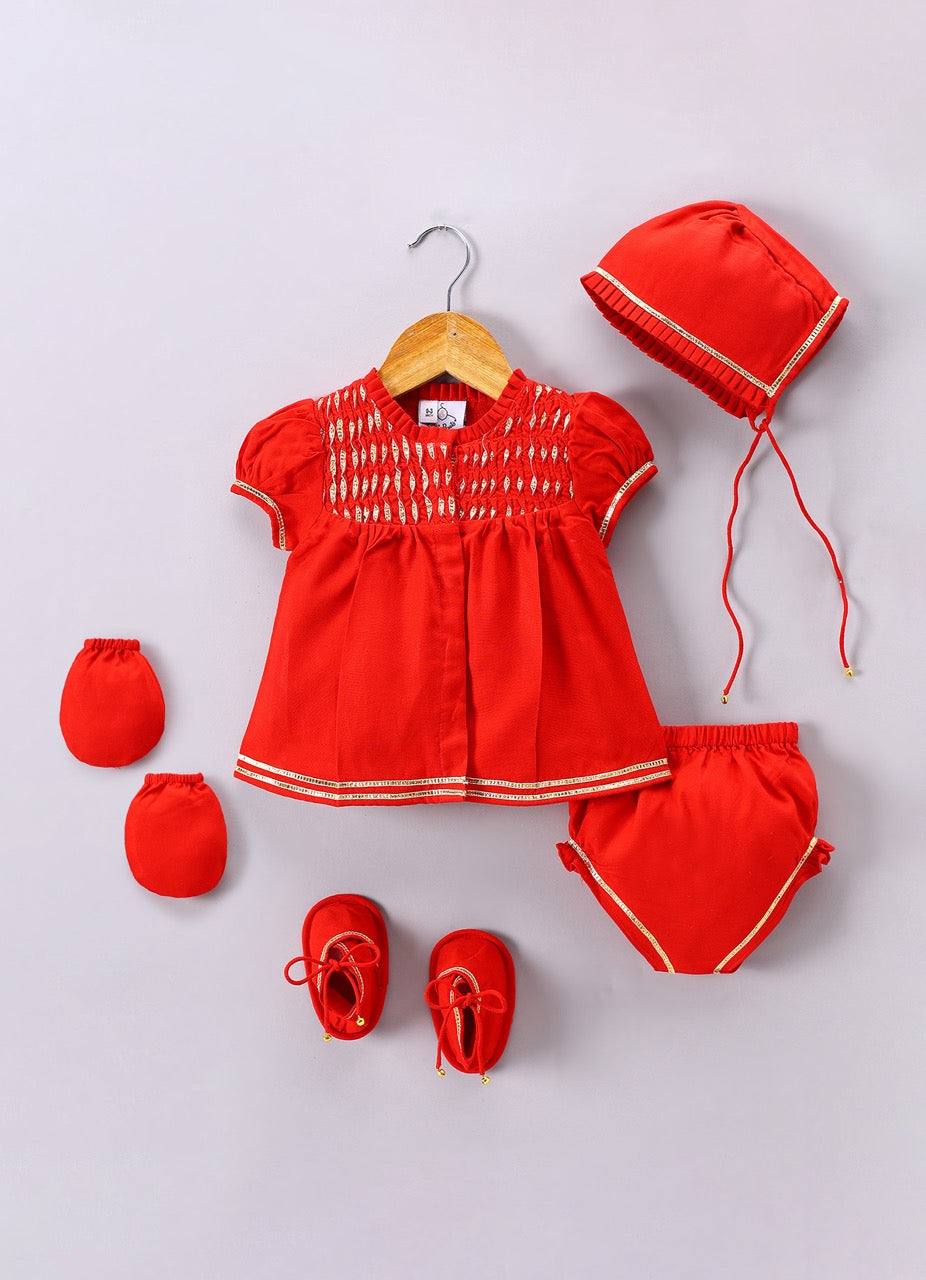 Jamana Girl Red Flocking With Gota With Pant Set