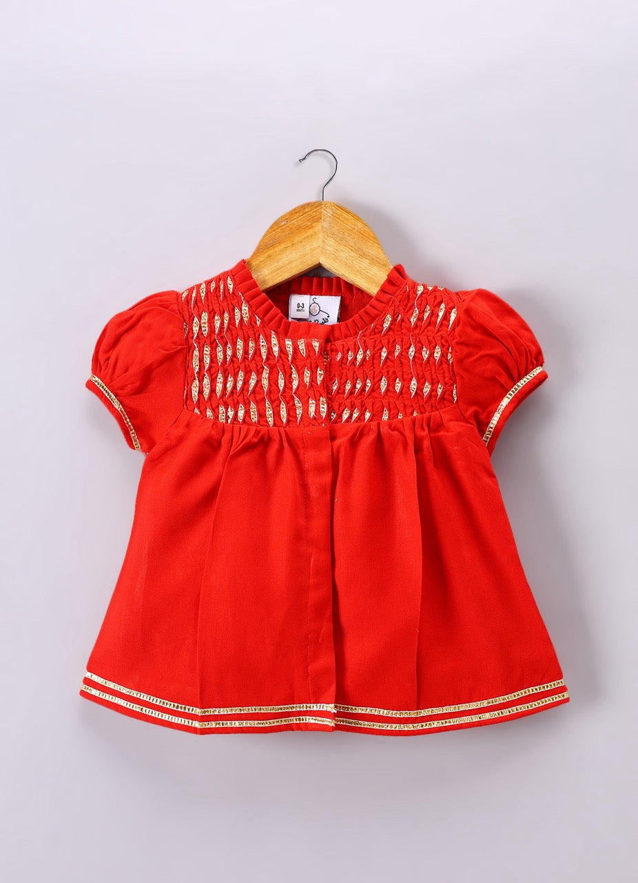 Jamana Girl Red Flocking With Gota With Pant Set