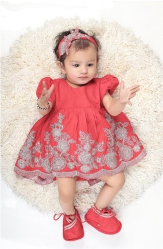 Jamana Girl Red With Flower Embroidery With Pant Set