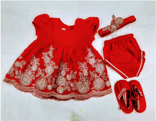 Jamana Girl Red With Flower Embroidery With Pant Set