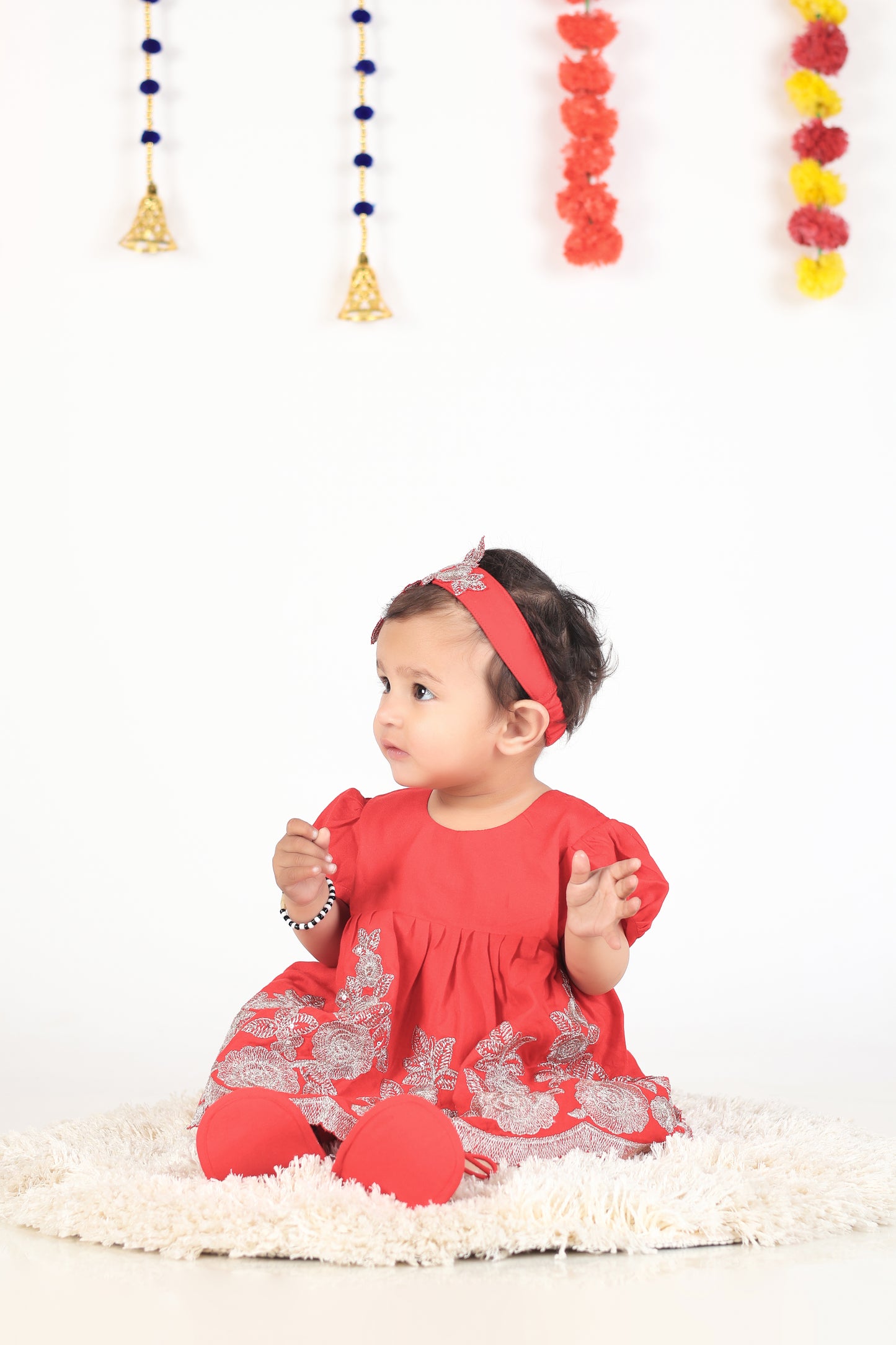 Jamana Girl Red With Flower Embroidery With Pant Set