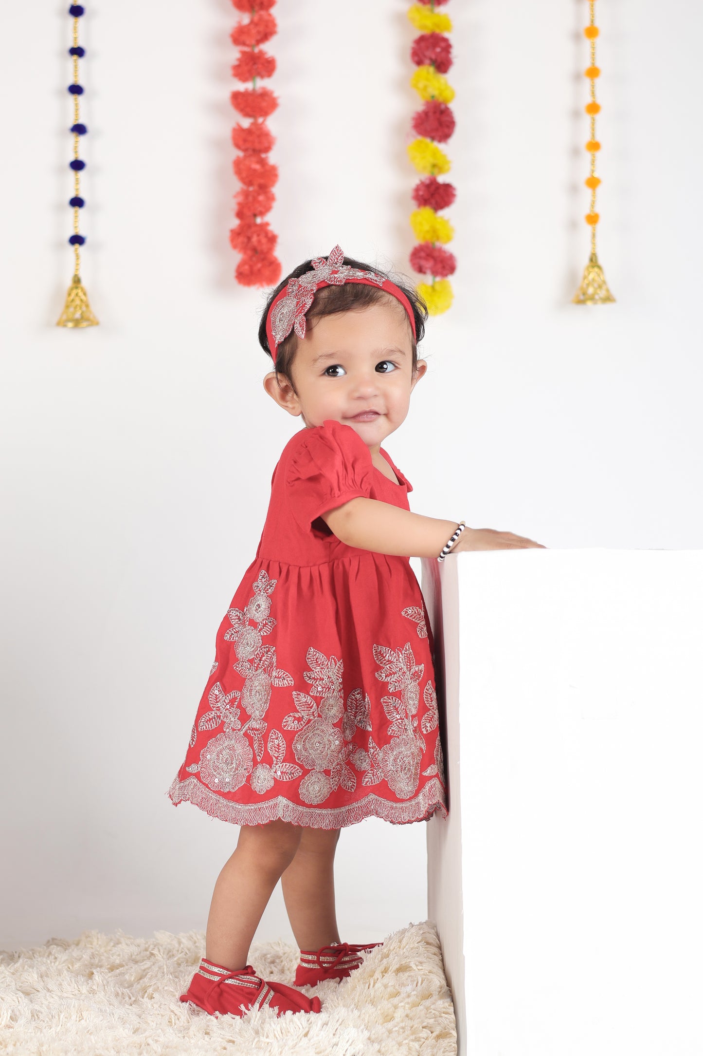 Jamana Girl Red With Flower Embroidery With Pant Set