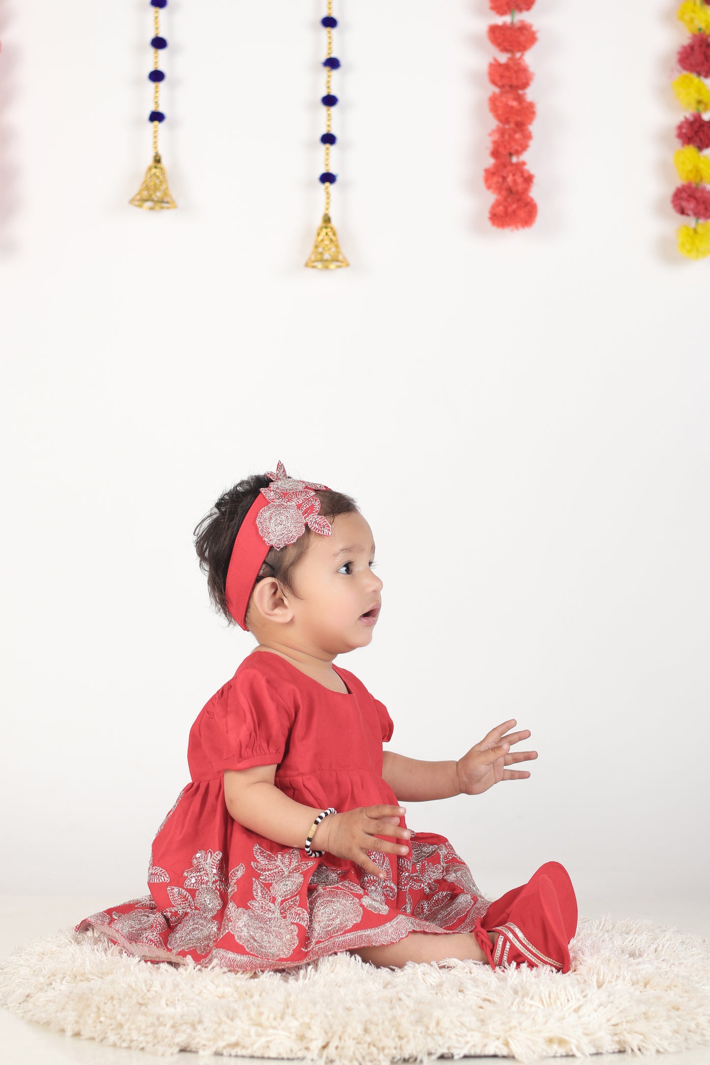 Jamana Girl Red With Flower Embroidery With Pant Set